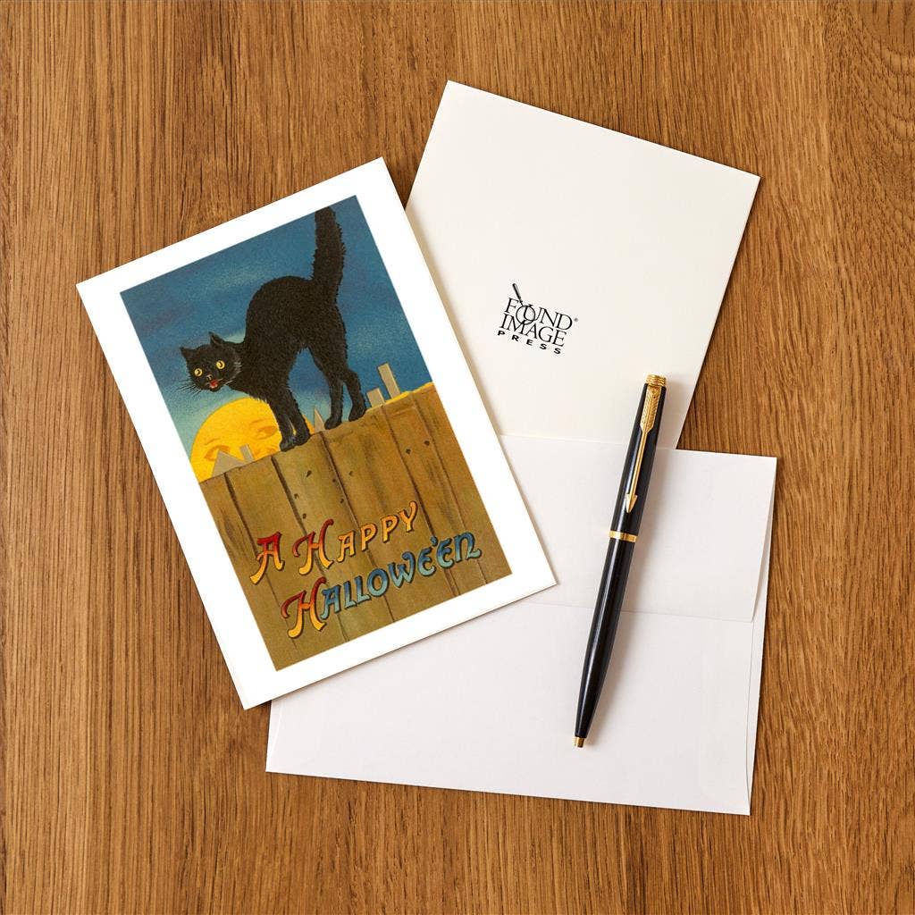 Greeting Card HW-101 A Happy Halloween, Cat on Fence