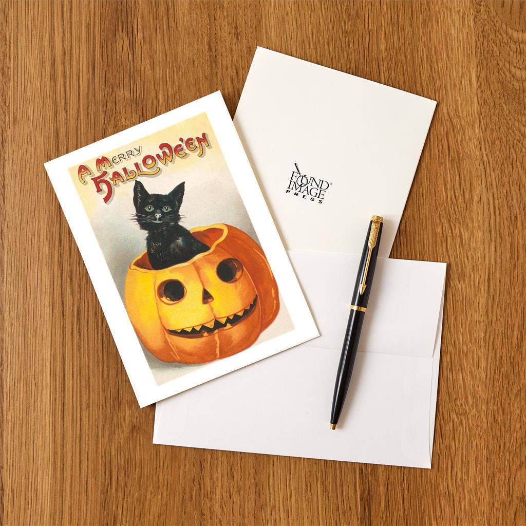 Greeting Card HW-05 A Merry Halloween, Cat in Jack O'Lantern