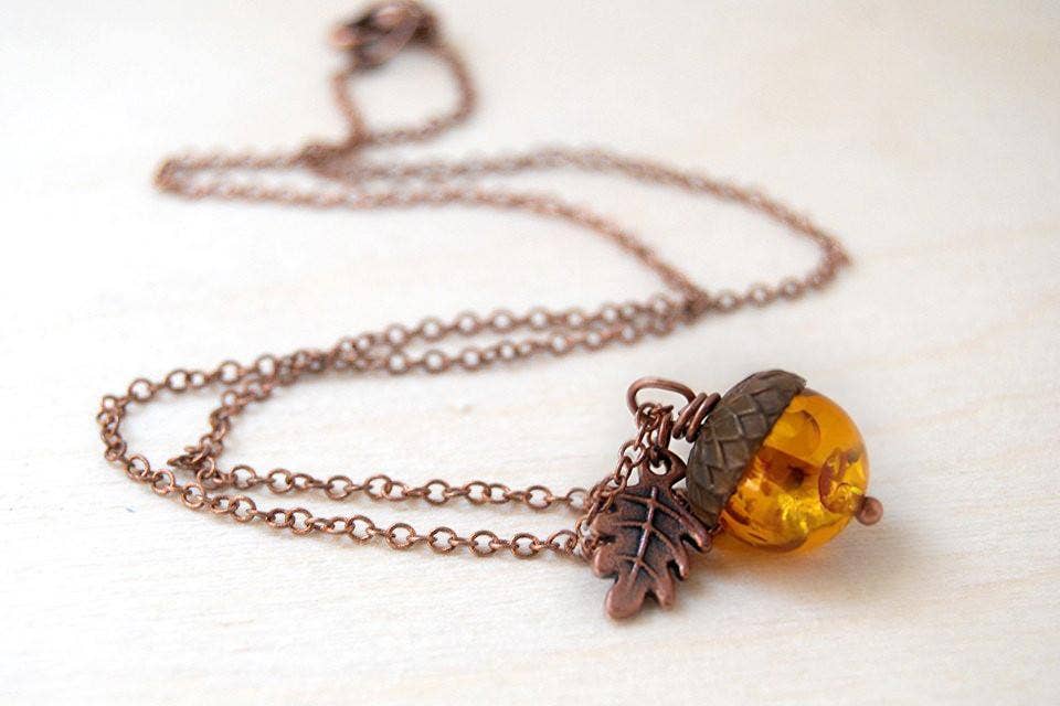 18" Amber and Copper Acorn Necklace