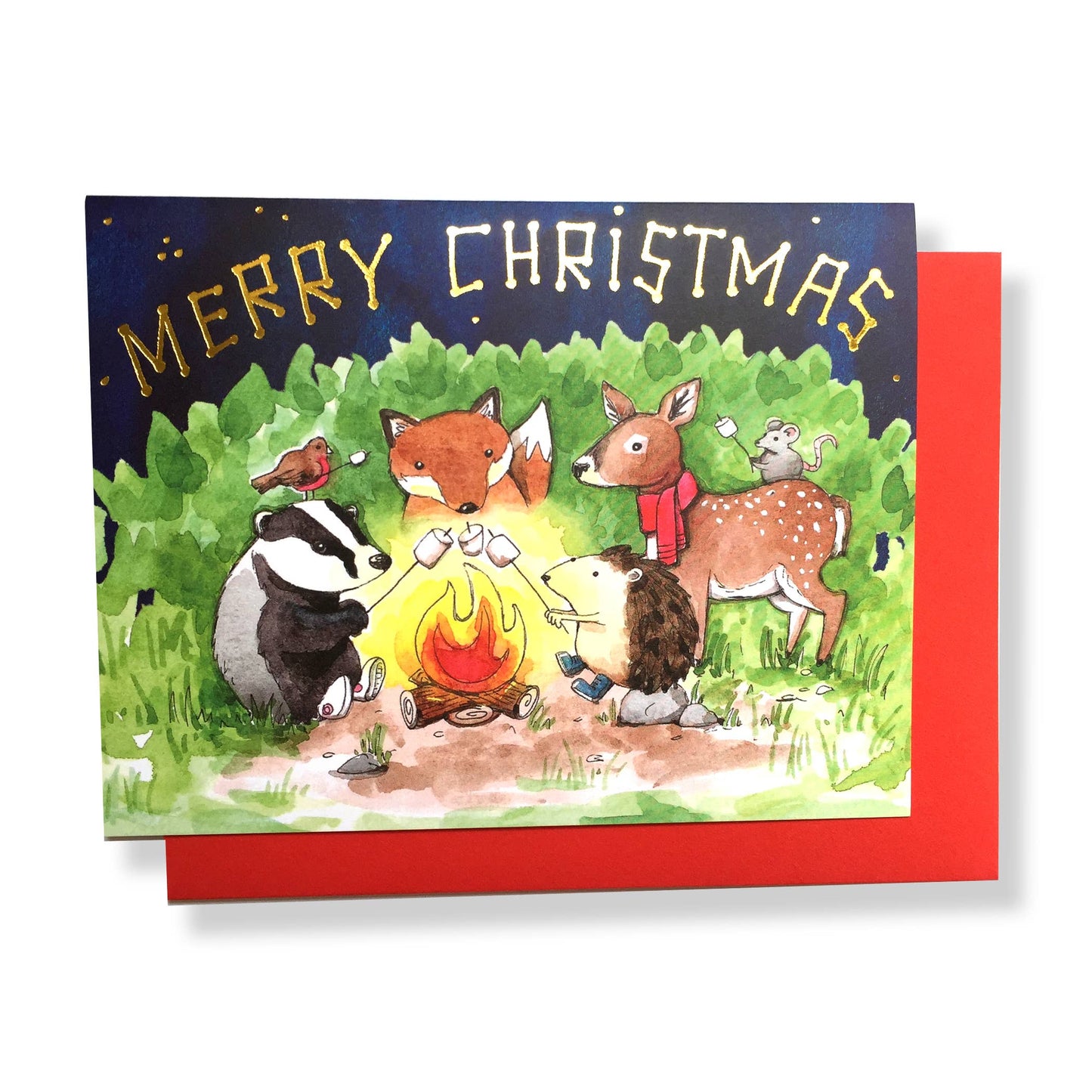 Merry Christmas Campfire Gold Foil Holiday Card
