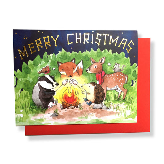 Merry Christmas Campfire Gold Foil Holiday Card