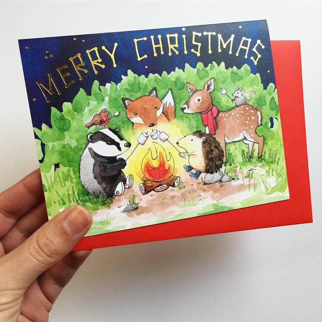 Merry Christmas Campfire Gold Foil Holiday Card