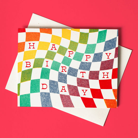 Rainbow Checkerboard Birthday - Risograph Card