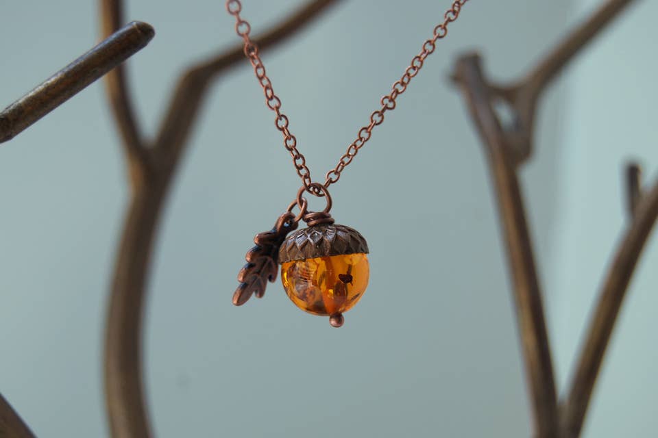 18" Amber and Copper Acorn Necklace
