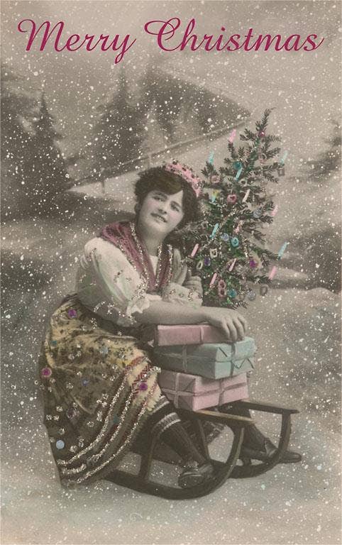 Greeting Card MC-847 Woman on Sled with Presents