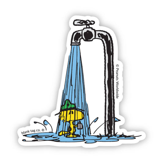 Peanuts® Waterproof Sticker - Showering Camping Woodstock