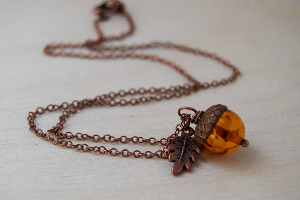18" Amber and Copper Acorn Necklace