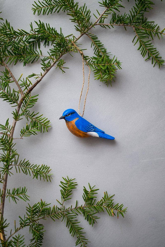 Hanging Blue Bird - 2.5"H  -Carved Wooden Ornament
