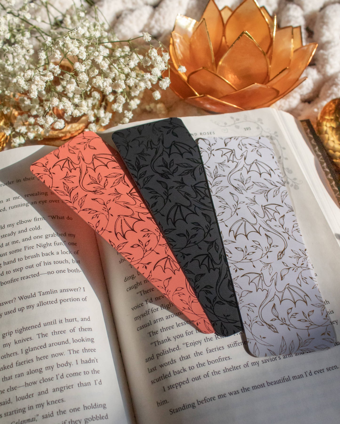 Gold Foil and White Floral Dragons Bookmark | Soft Touch