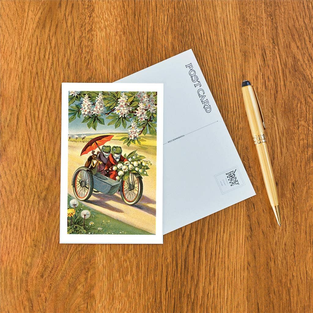 Postcard CY-52 Two Frogs on Motorcycle with Umbrella and Flo