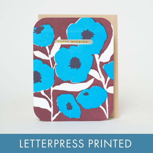 Wedding Congrats Blue Poppies Letterpress Greeting Card by Egg Press