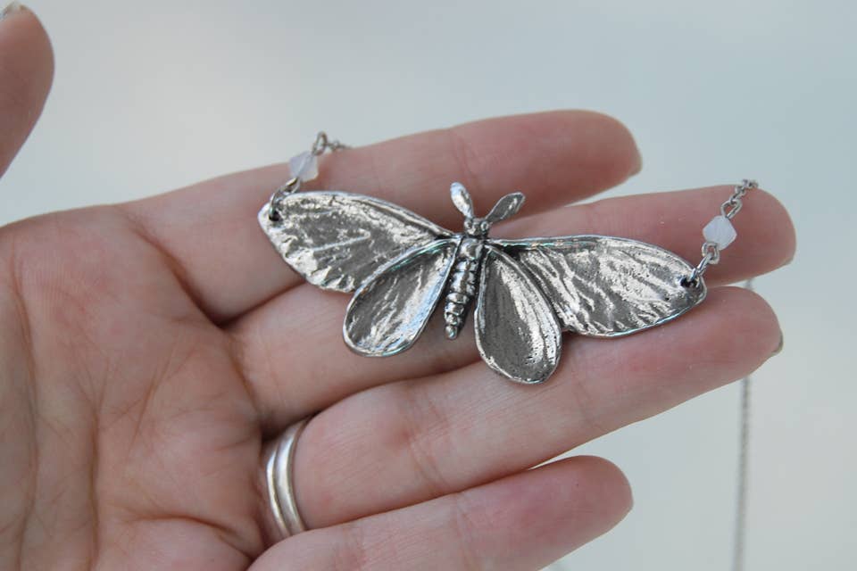18" Majestic Silver Moth Necklace