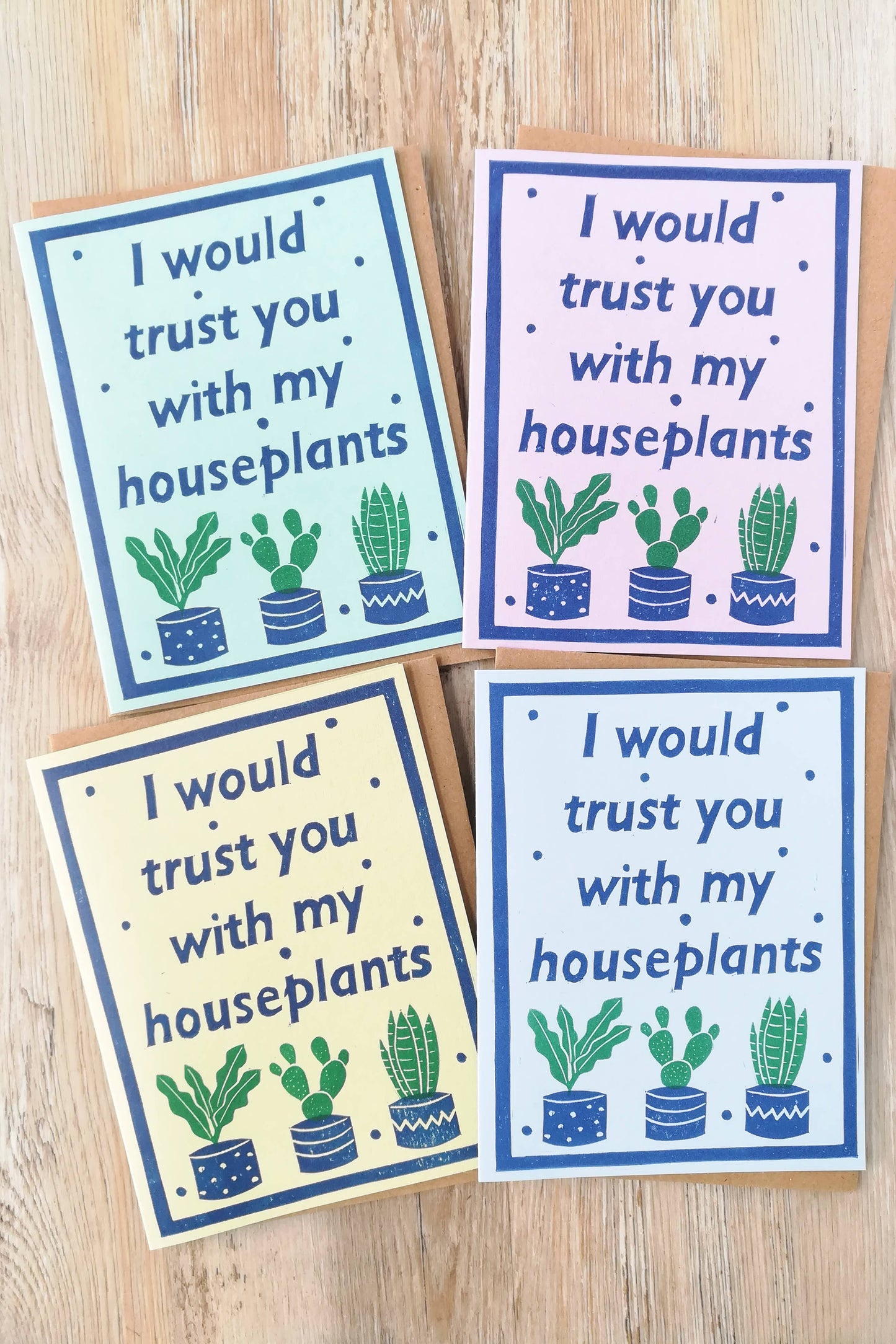 Handprinted linocut houseplants friendship card