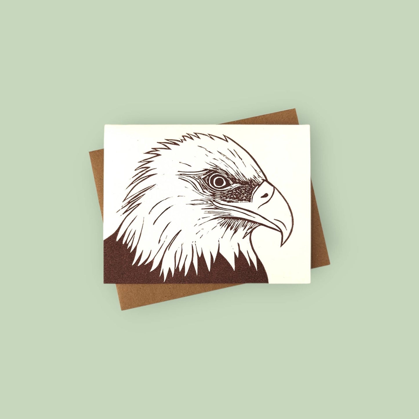 Handprinted linocut bald eagle card