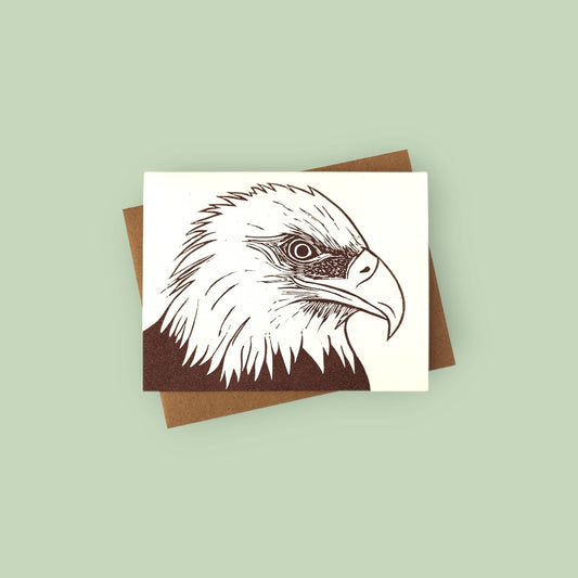 Handprinted linocut bald eagle card