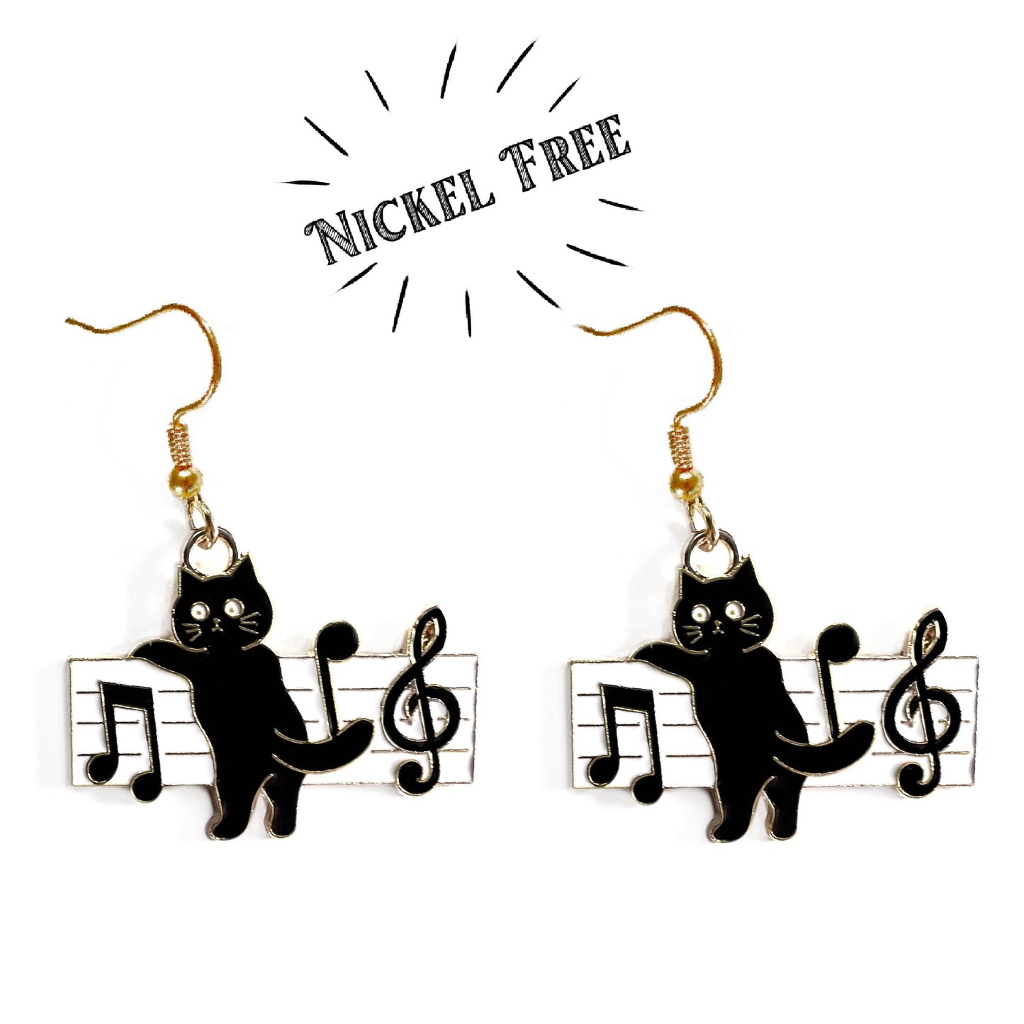 Black Cat Piano and Music Note Earrings
