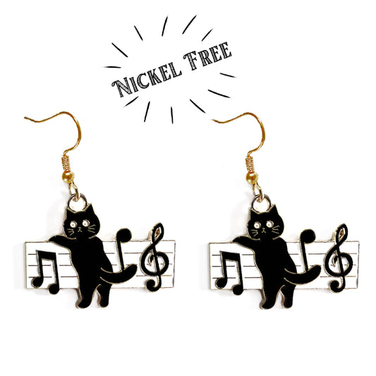 Black Cat Piano and Music Note Earrings