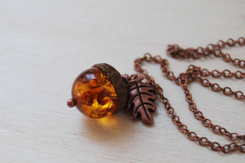 18" Amber and Copper Acorn Necklace