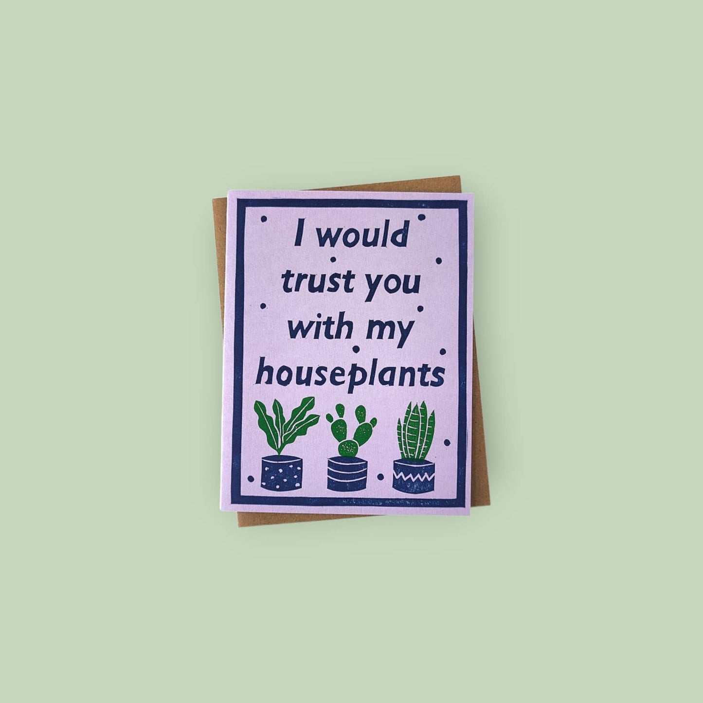 Handprinted linocut houseplants friendship card