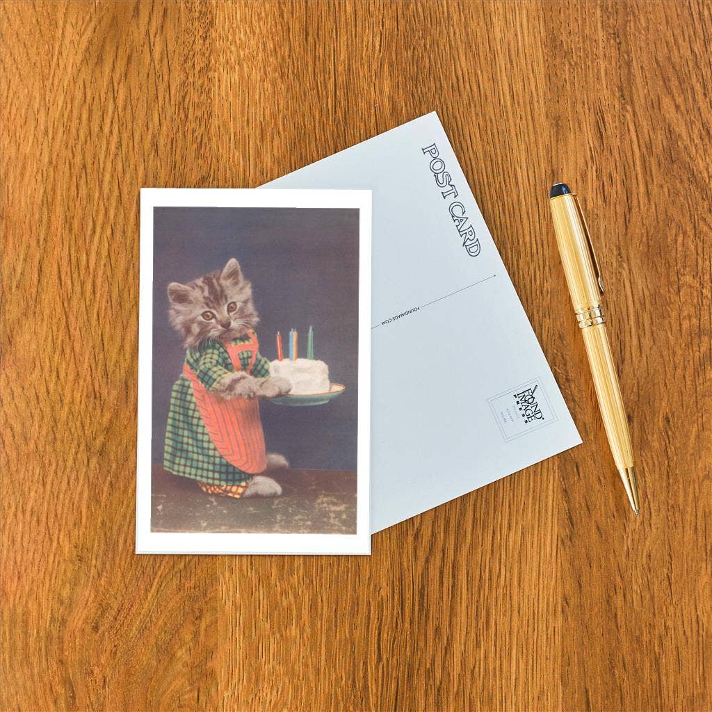 Postcard KC-134 Dressed Kitten with Birthday Cake