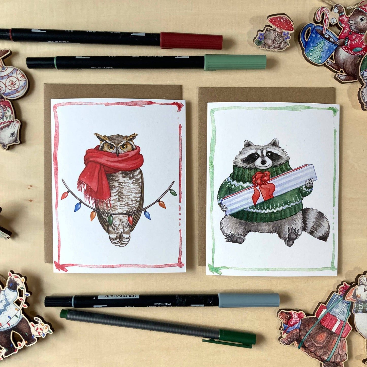 Notecard Set - 10 Festive Critters on Blank Recycled Cards