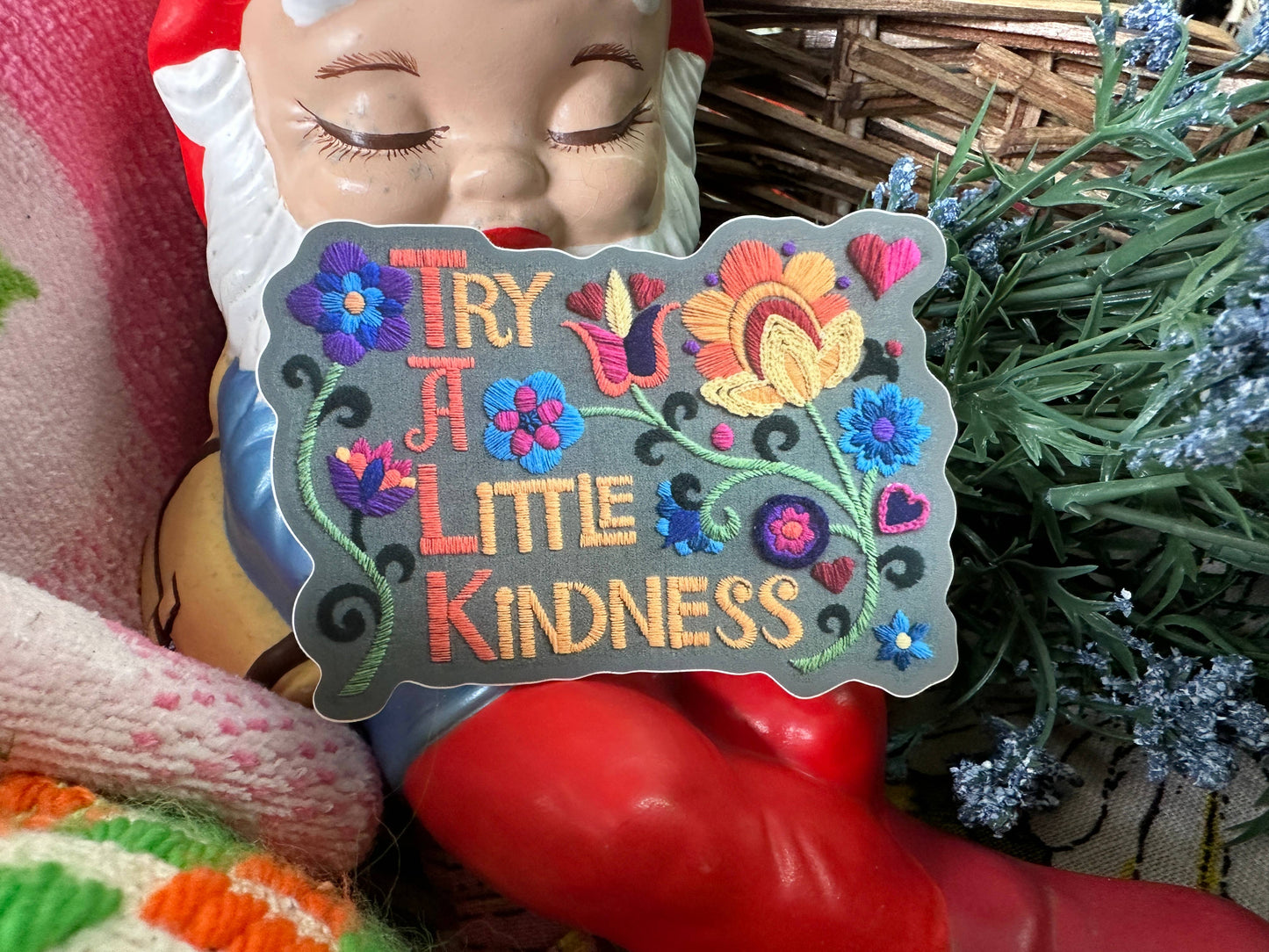 Try A Little Kindness Vintage Crewel Sticker