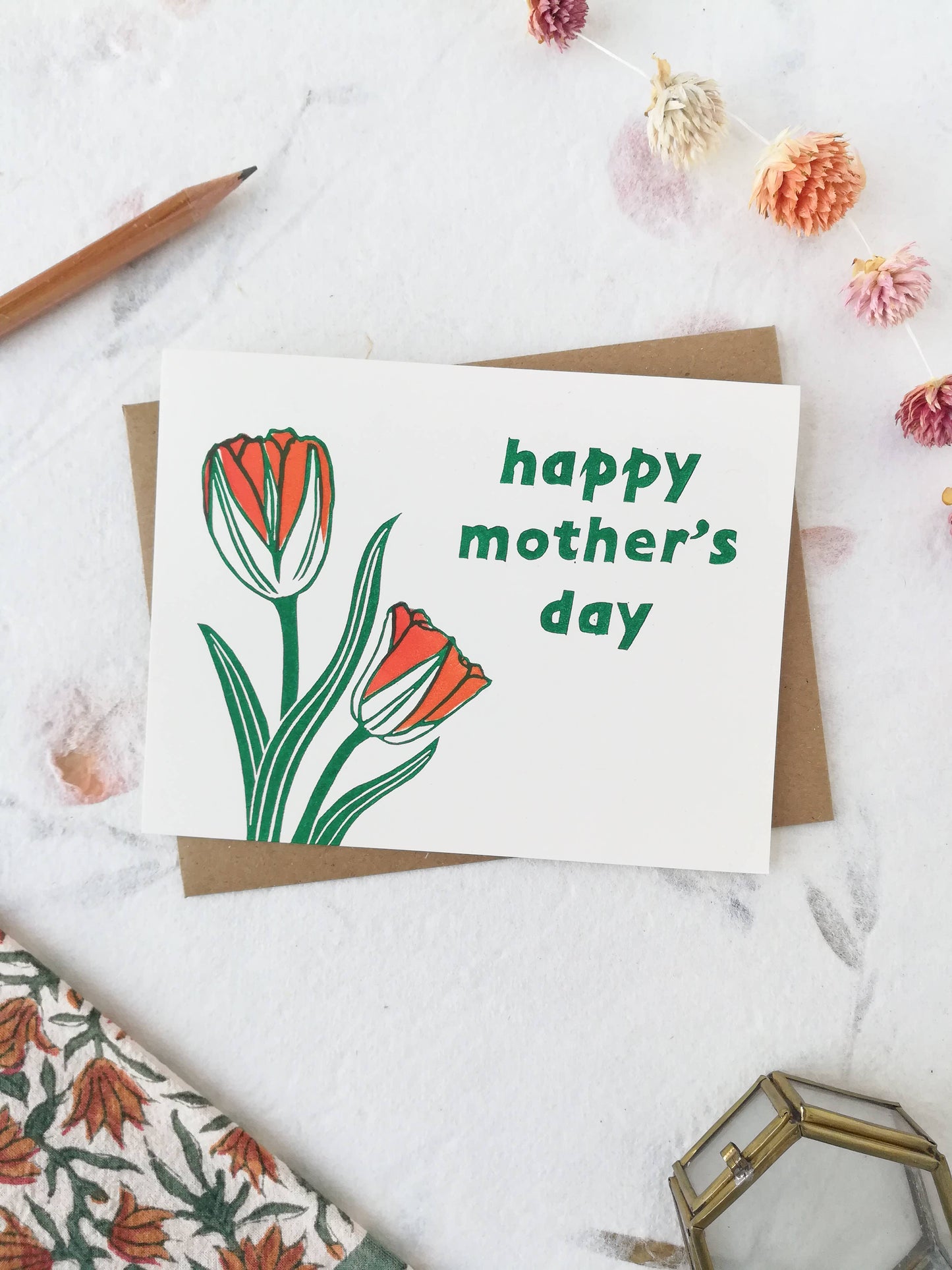 Handprinted linocut mother's day tulips card