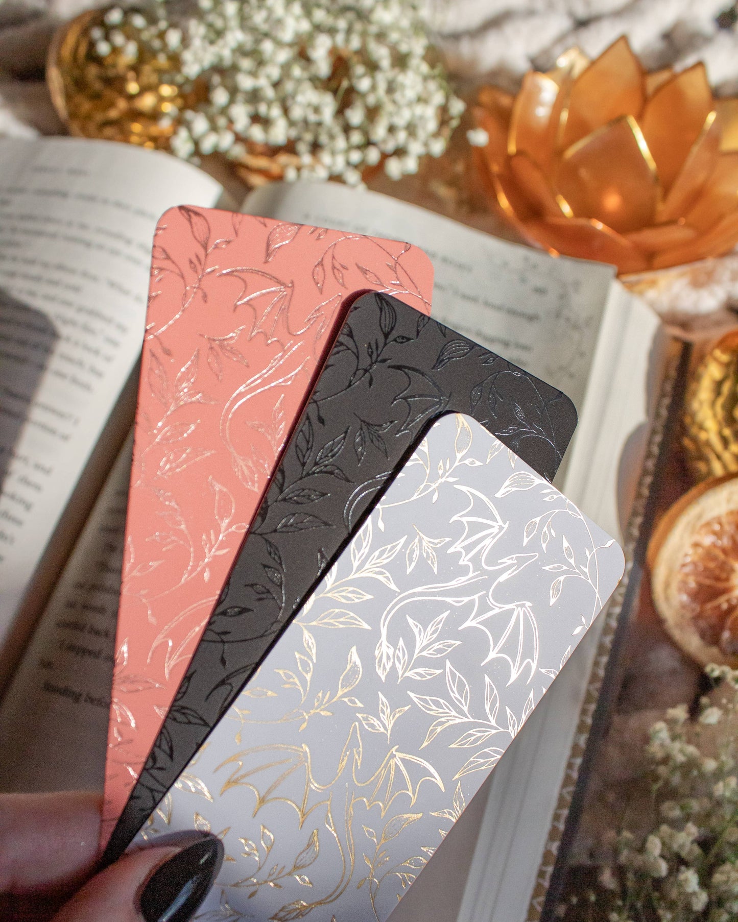 Gold Foil and White Floral Dragons Bookmark | Soft Touch