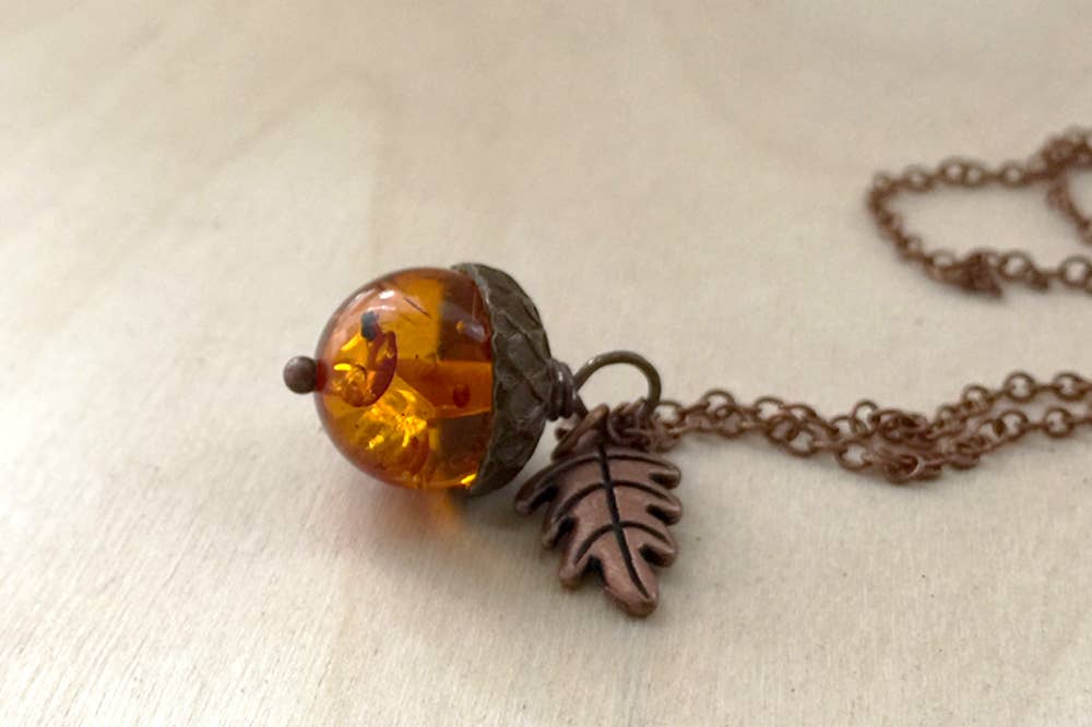 18" Amber and Copper Acorn Necklace