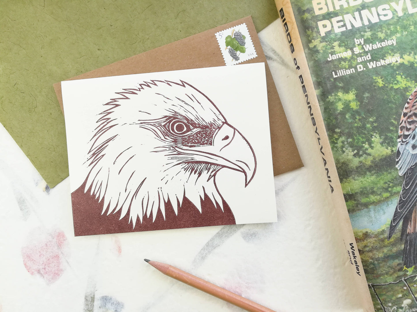 Handprinted linocut bald eagle card
