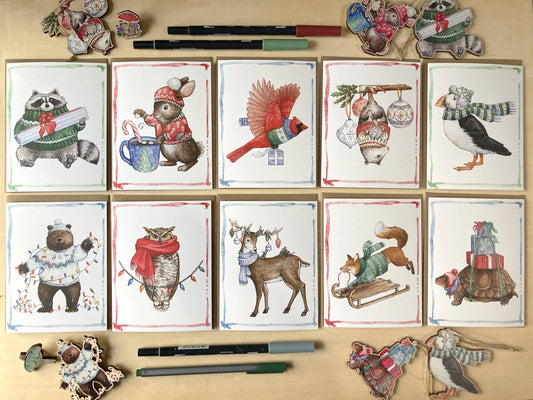 Notecard Set - 10 Festive Critters on Blank Recycled Cards