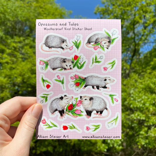 Opossums and Tulips Weatherproof Vinyl Sticker Sheet