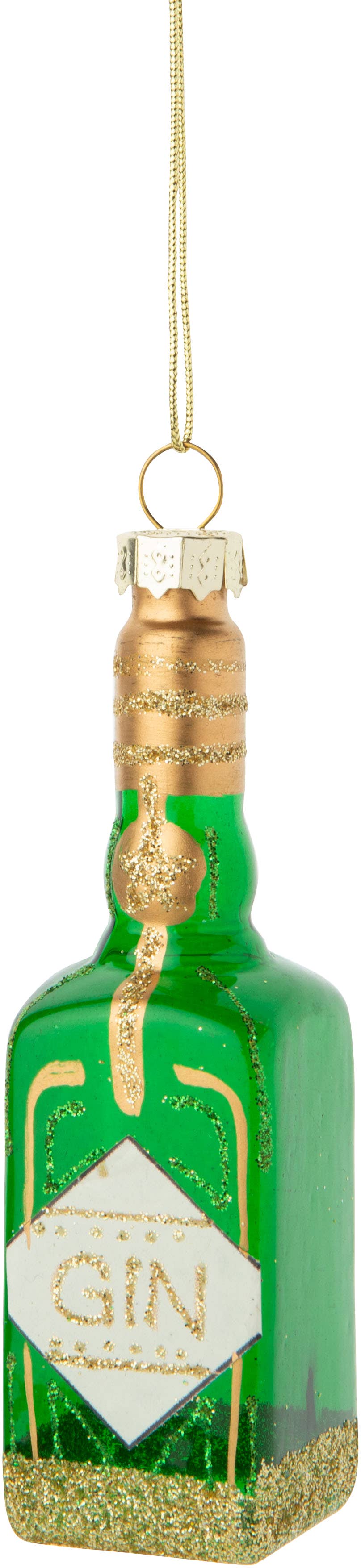 Blown Glass Gin Bottle Ornament, grn/gold glitter 4.25 in