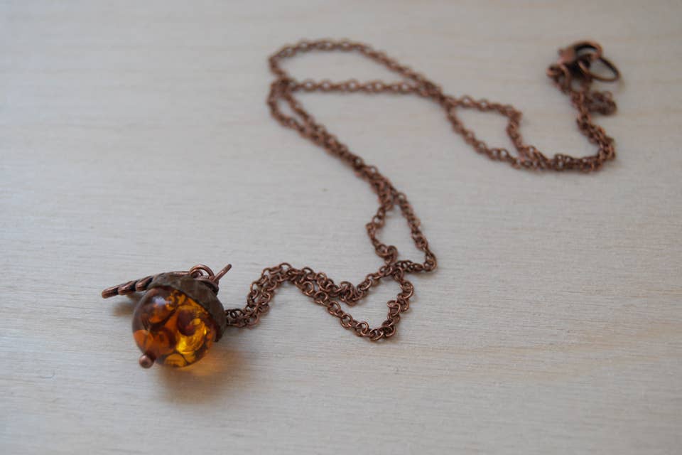18" Amber and Copper Acorn Necklace