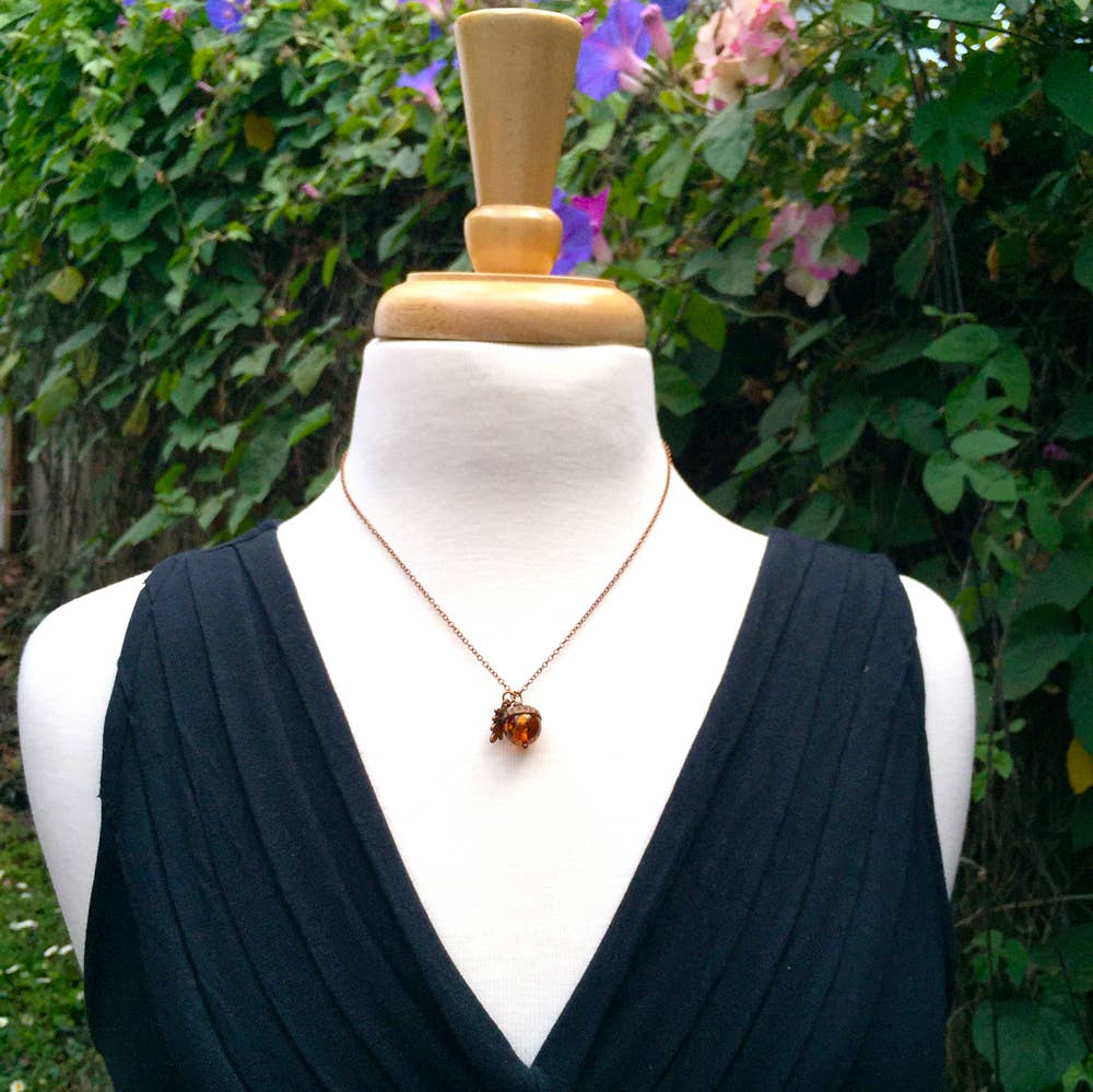 18" Amber and Copper Acorn Necklace