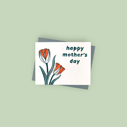 Handprinted linocut mother's day tulips card