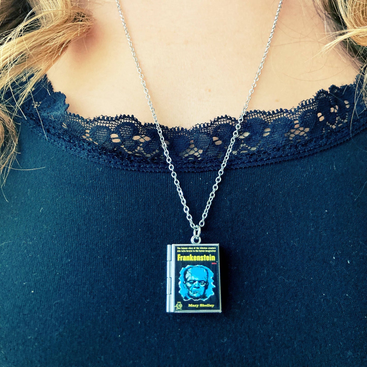 Book Locket Frankenstein - Blue Portrait
