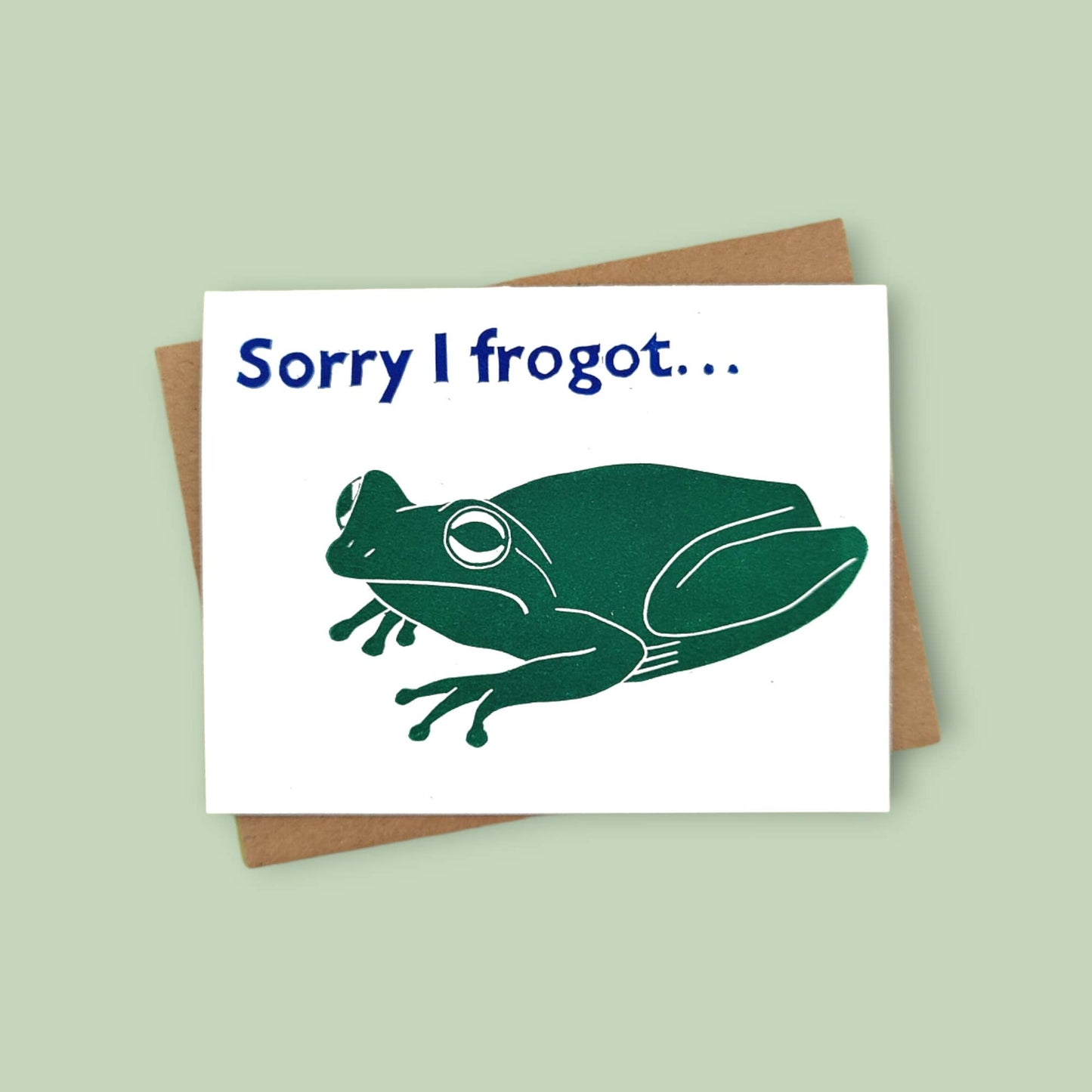 Handprinted linocut sorry I frog-ot card