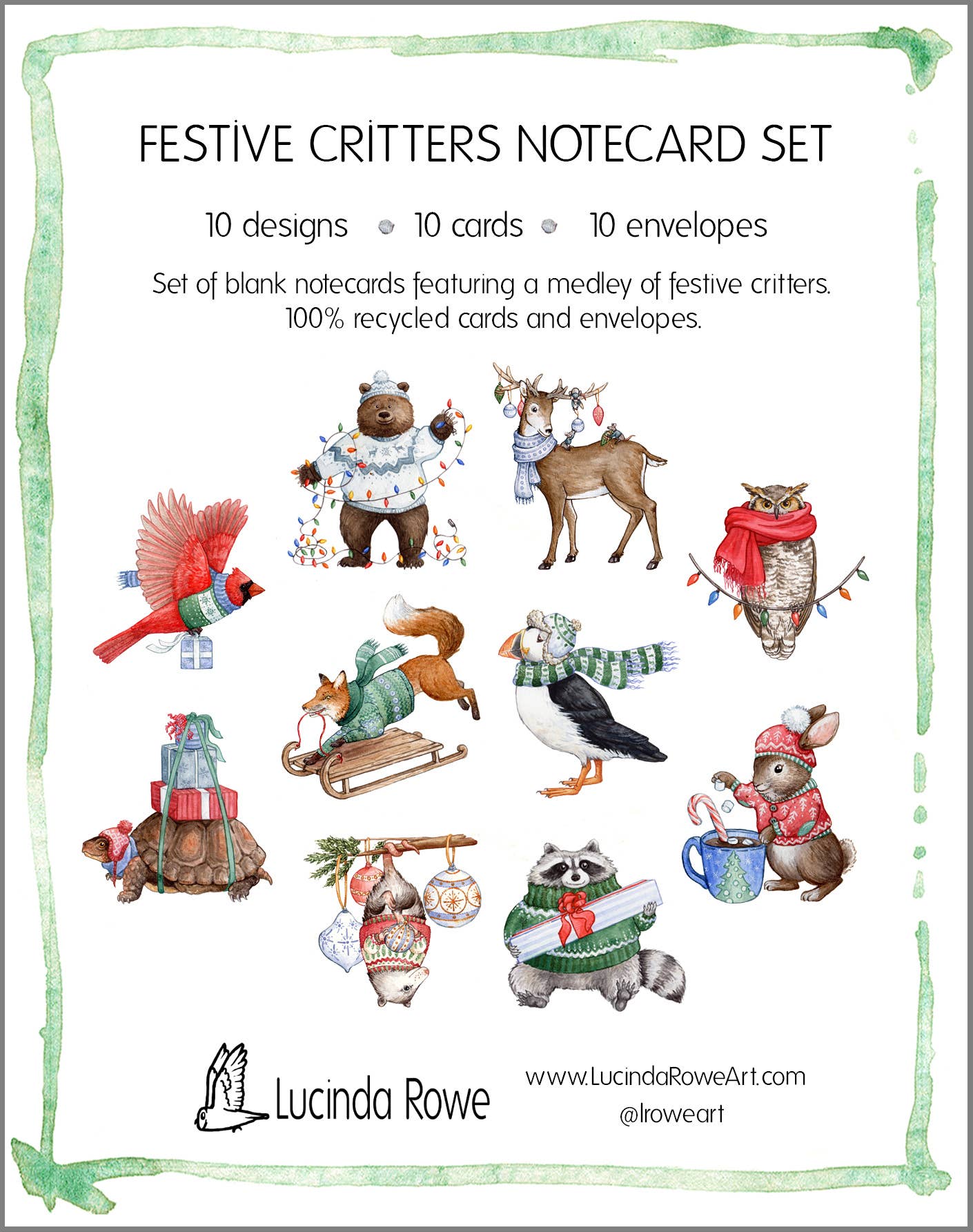 Notecard Set - 10 Festive Critters on Blank Recycled Cards