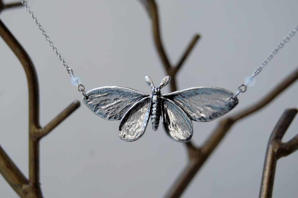 18" Majestic Silver Moth Necklace