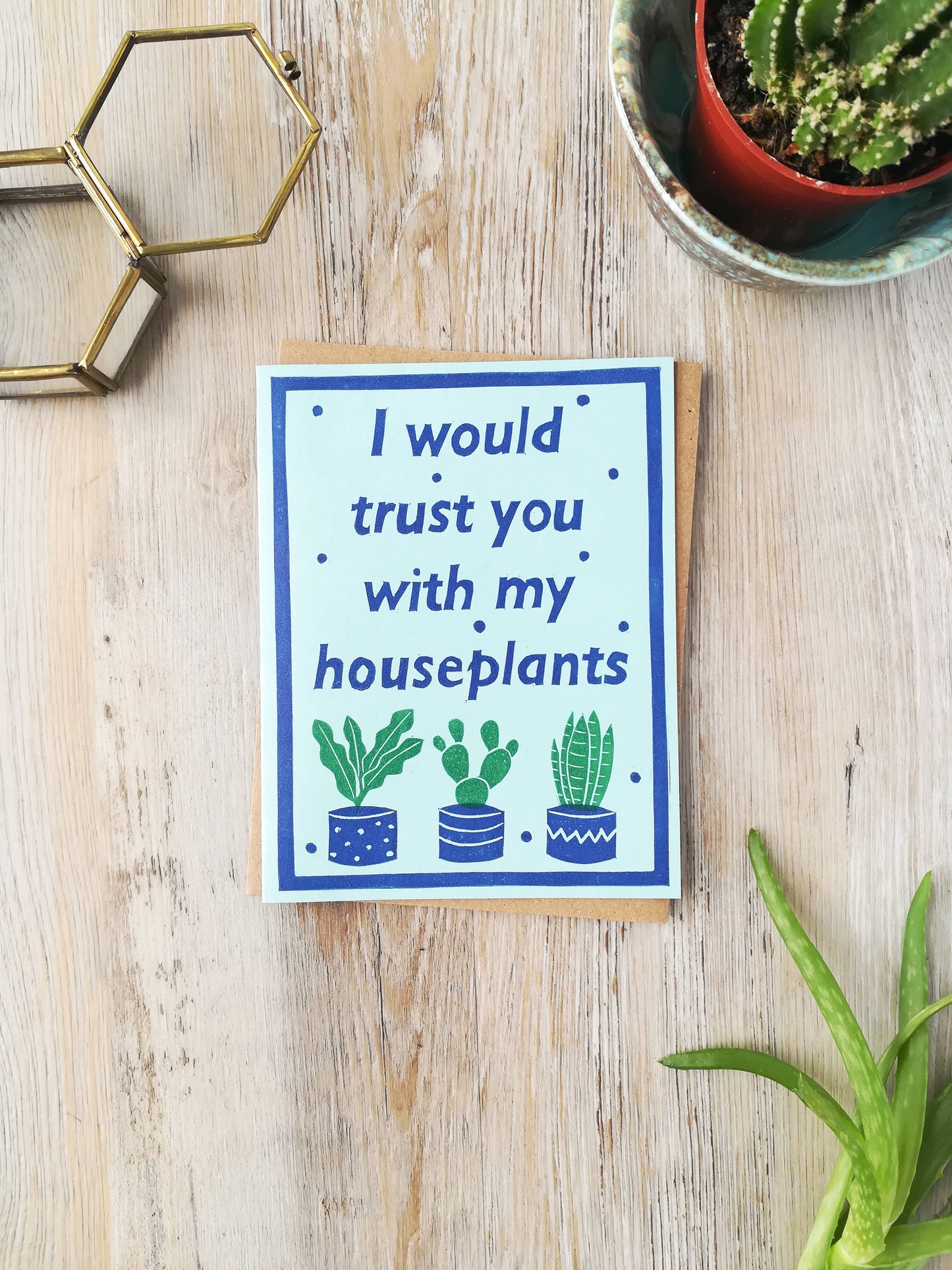 Handprinted linocut houseplants friendship card