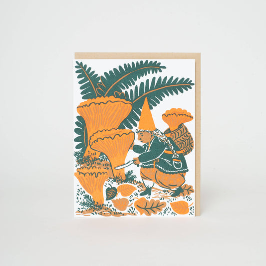 Mushroom Picking Gnome Letterpress Card by Phoebe Wahl