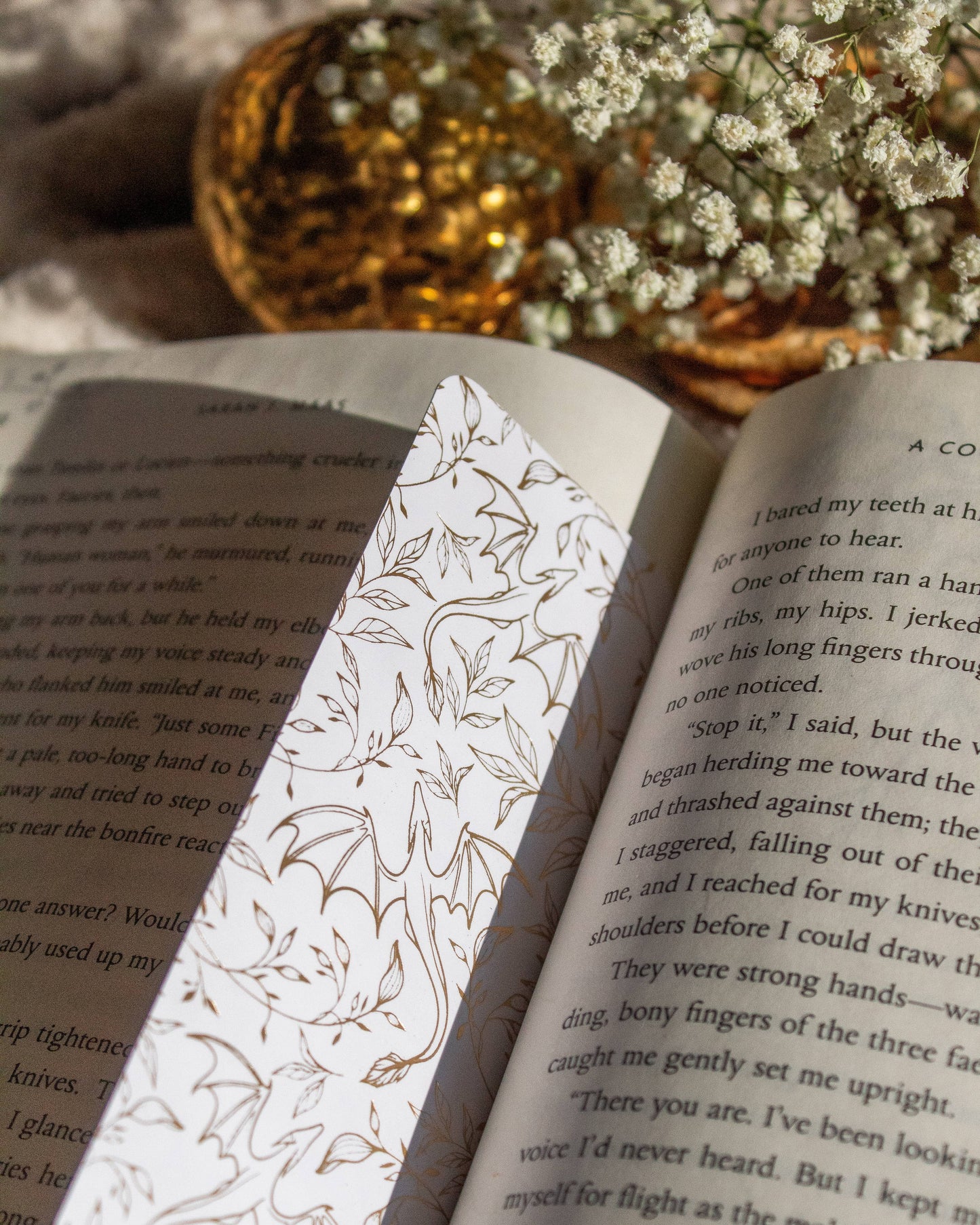 Gold Foil and White Floral Dragons Bookmark | Soft Touch