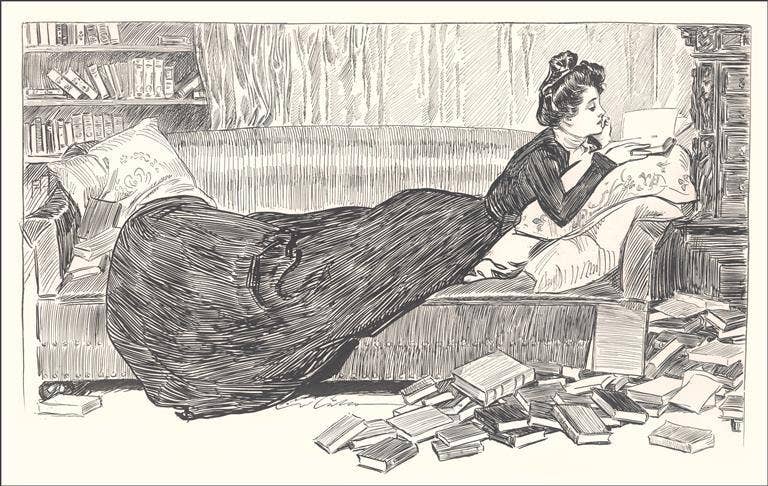 Postcard LT-506 Prone Woman Reading Book